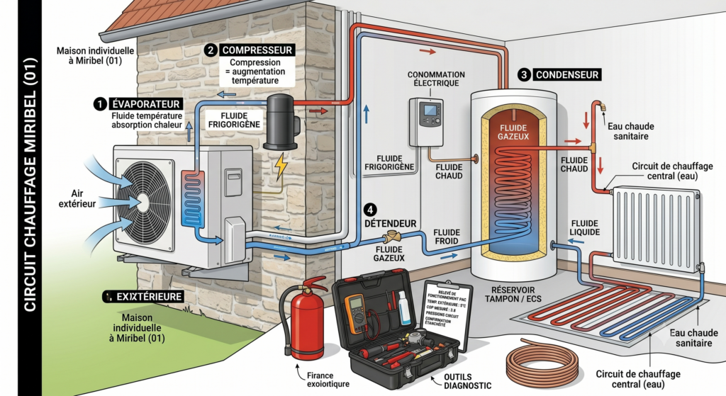 Schéma de fonctionnement d'une pompe à chaleur air/eau installée dans une maison individuelle à Miribel (01)