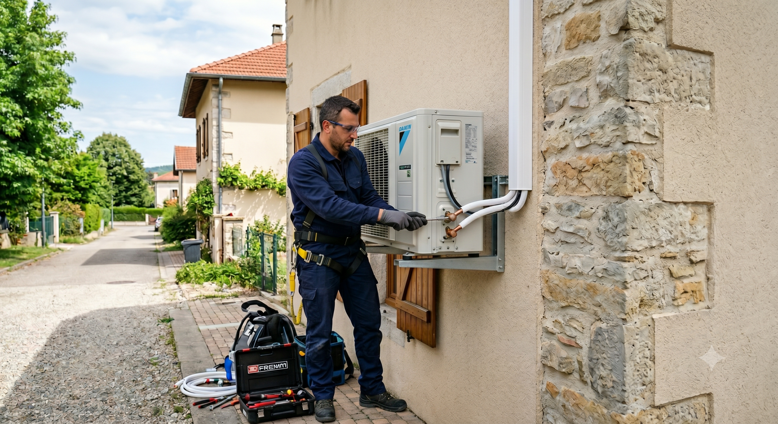 Climaticien professionnel installant une unité de climatisation dans une maison à Miribel (01)