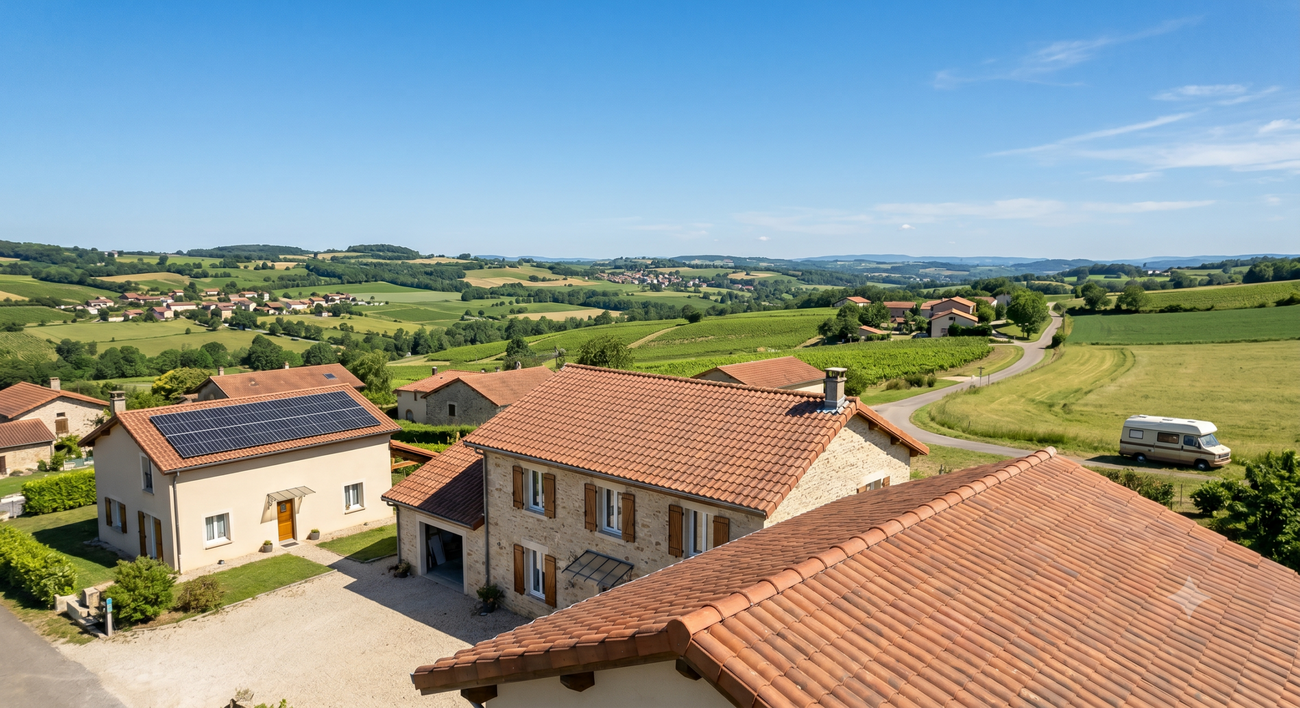 Panneaux solaires photovoltaïques installés sur le toit d'une maison individuelle dans l'Ain (01)